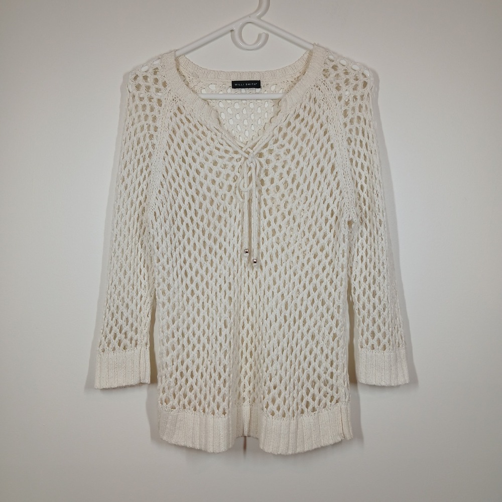 Willi Smith Sweater Women Medium Cream Open Knit Lace Up Boho Coastal Layer